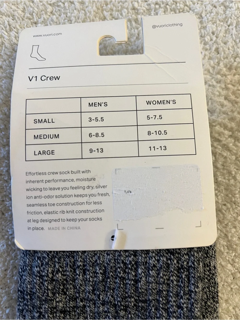 Vuori V1 Crew Socks Gray Heather Medium NWT Performance Athletic